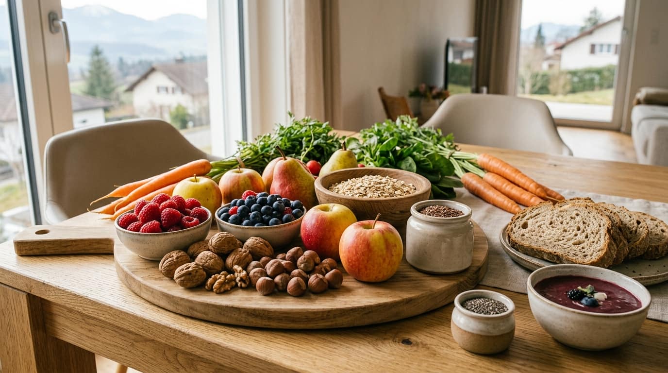Schweizer Lebensmittel wie Beeren, Äpfel, Haferflocken und Nüsse als Alternative zum Superfood-Hype